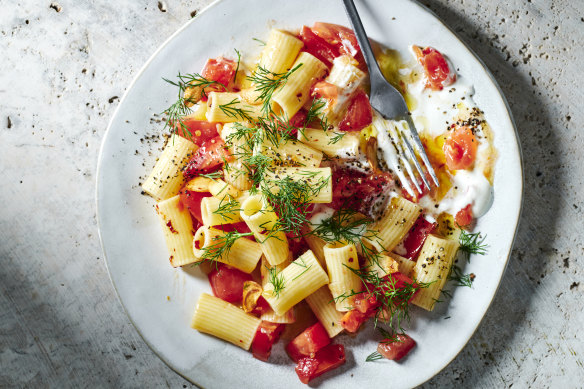 Preserved lemons, yoghurt and dill steer everyday tomato pasta in a new direction.