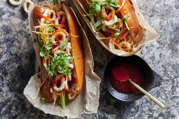 10-minute salt and pepper squid banh mi with sweet chilli pickle.