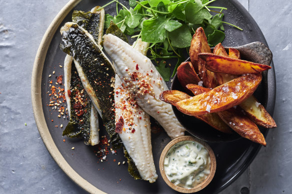 Japanese-style one-tray fish and chips with wasabi tartare. 