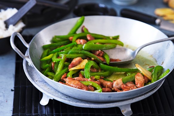 Adam Liaw’s pork and green capsicum stir-fry.
