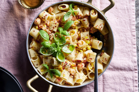 10-minute chilli, prawn and corn pasta. 