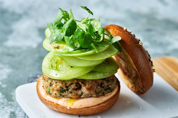 Herby pork + salted apple slaw = big burger energy.