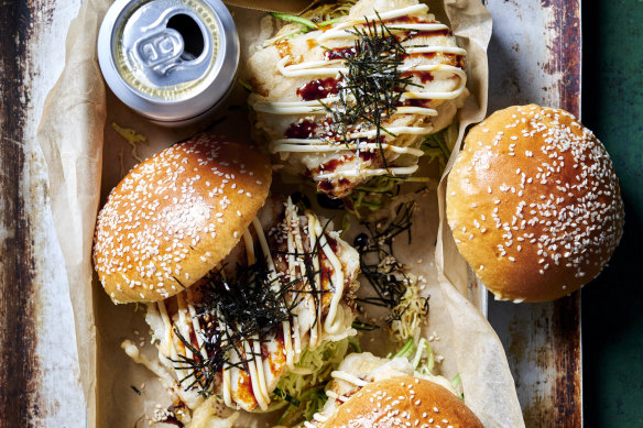 Tempura tofu okonomiyaki burgers.