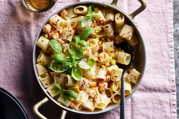 10-minute chilli, prawn and corn pasta.