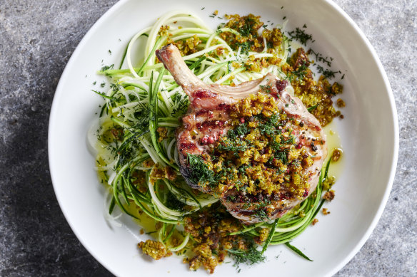 Pork cutlets with falafel crumbs and quick-pickled zucchini.