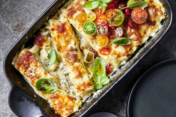 Chicken and ricotta cannelloni with tomato and chilli salad. 