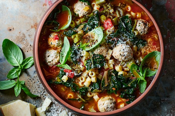 Minestrone pasta soup with pork and ricotta meatballs is a meal in a bowl.