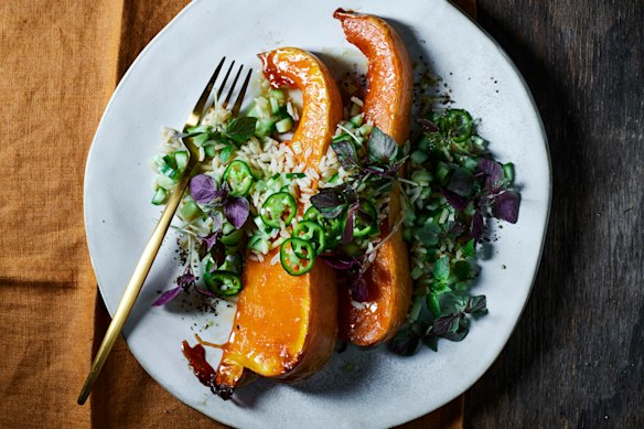 Roasted pumpkin and brown rice salad gets a Japanese twist. 