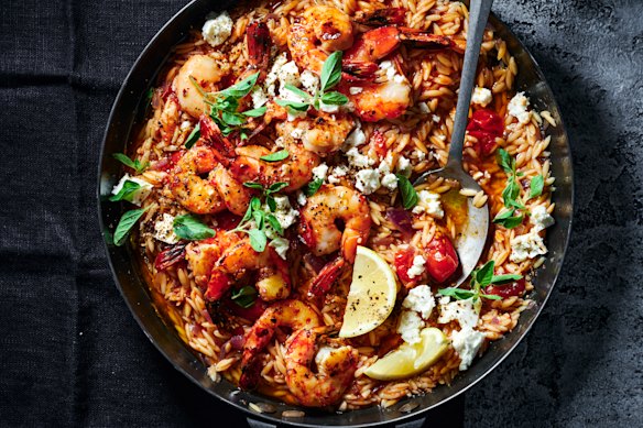 One-pan prawn saganaki with risoni.
