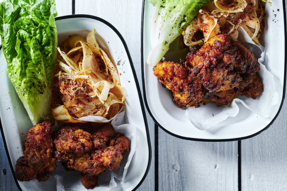 Korean fried chicken with kimchi.