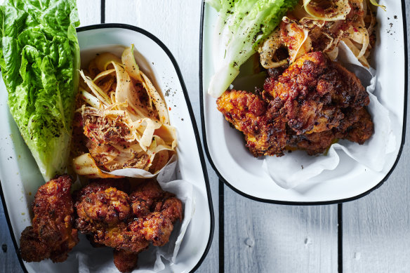 Korean fried chicken with kimchi.