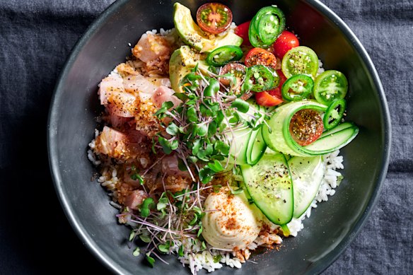 Mexican ceviche rice bowl. 