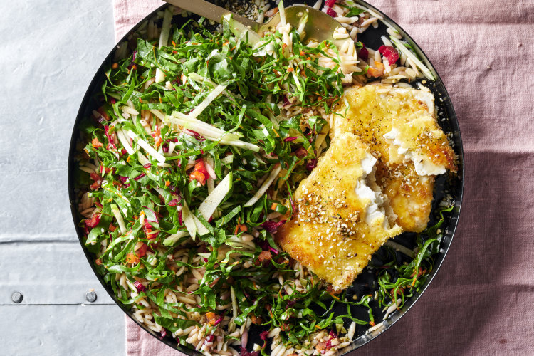 Rainbow chard and orzo salad with crispy feta.