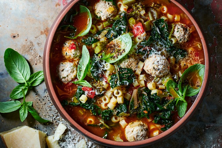 Minestrone pasta soup with pork and ricotta meatballs is a meal in a bowl.