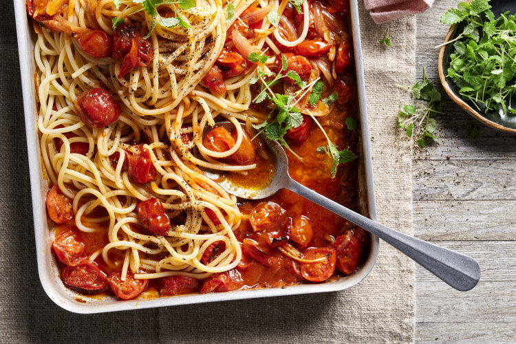Sriracha, butter and roasted tomato noodles.