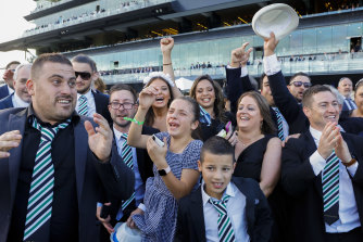 Connections of Mr Brightside celebrate after victory in the Doncaster Mile at Randwick last weekend.