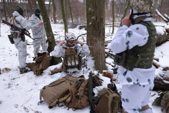 A nation prepares: civilian participants in a Kyiv Territorial Defence unit train on a Saturday in a forest in Kyiv, Ukraine. 