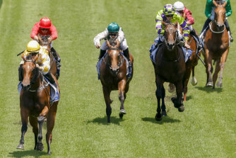 Rachel King steers Queen Of The Ball (yellow silks) to victory in the Widden Stakes.
