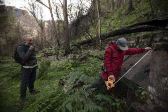 Yuri Bolotin (left) records details of the ruins while Brian Fox takes a measurement.