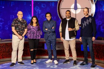 Comedians Adam Richards, Susie Youssef, Dane Simpson and Hamish Blake, alongside presenter Michael Hing (centre), added plenty of brio in a recent episode of Celebrity Letters and Numbers.