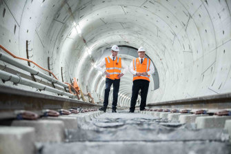 Premier Dominic Perrottet and Transport Minister David Elliott tour a new metro rail tunnel under Central Station in February.