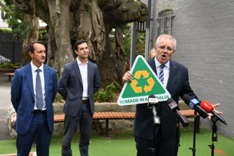 Prime Minister Scott Morrison promoting the government’s Remade in Australia campaign in the marginal Wentworth electorate, held by Liberal MP Dave Sharma. 