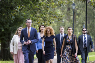Premier Dominic Perrottet joined by new members of his ministerial team to announce the new candidate for Strathfield on Monday.