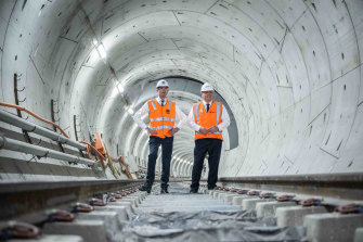 Premier Dominic Perrottet and Transport Minister David Elliott inspect the Sydney Metro City tunnels.