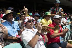 The Barmy Army’s presence is very much reduced this year due to travel restrictions with the COVID-19 pandemic but a few faithful ones have made it to the Ashes Test v England, like Anthony Emmerson in the red t-shirt at the SCG on Wednesday. 