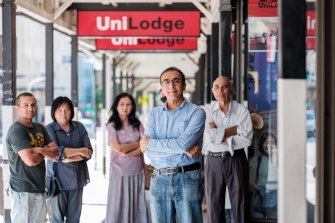 Owners of units in UniLodge Broadway who oppose skyrocketing strata levies. From left to right: Varun Marwah, Choay Kean Wong, Lien Pham, Sandeep Khera and Dushyant Sharma.