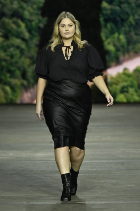 Model Sarah Kelly appears in The Curve Edit show at Australian Fashion Week in May, wearing an outfit from Harlow.