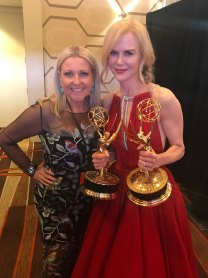 Former BMX Bandits make good … Nicole Kidman with television reporter Angela Bishop, who had a small role in BMX Bandits, backstage at the 2017 Emmys.