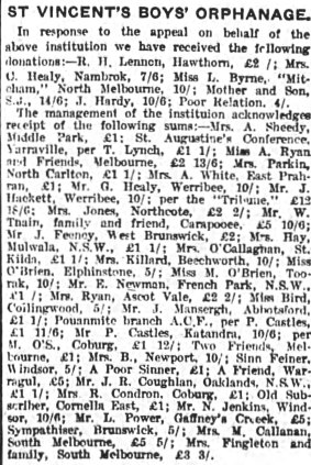 Donors to the St Vincent's Boys' Orphanage are listed in <i>The Age</i> of February 20, 1919.