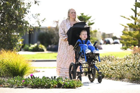 Lisa Otsen with her son Landon, 4, at a local park in Torquay.