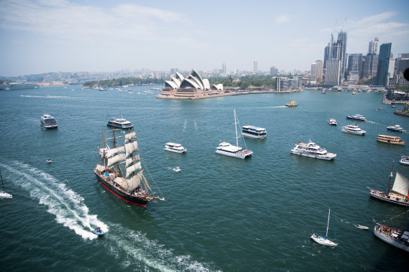 Tall ships race towards the Harbour Bridge on Australia Day 2020.