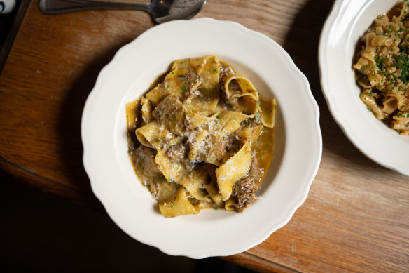 Pappardelle braised beef short rib rago with saffron and Reggiano.