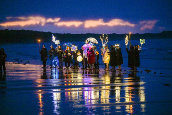 Wednesday Ocean Waders, or Wowsers, at Torquay beach at dawn on Friday.