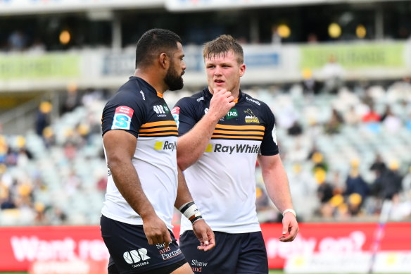 Brumbies hooker Billy Pollard, with Scott Sio.