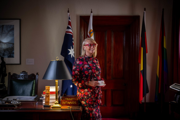 Lord Mayor of Melbourne Sally Capp’s outbox sits empty on Thursday as she drinks what she says is her 20th cup of tea for the day. 