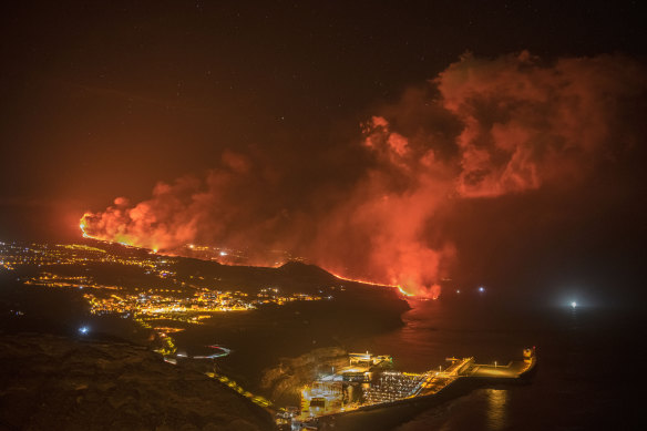 Lava from a volcano reaches the sea on the Canary island of La Palma, Spain, Wednesday, Sept. 29, 2021. Lava from a volcano that erupted Sept. 19 on Spain’s Canary Islands has finally reached the Atlantic Ocean after wiping out hundreds of homes and forcing the evacuation of thousands of residents. 