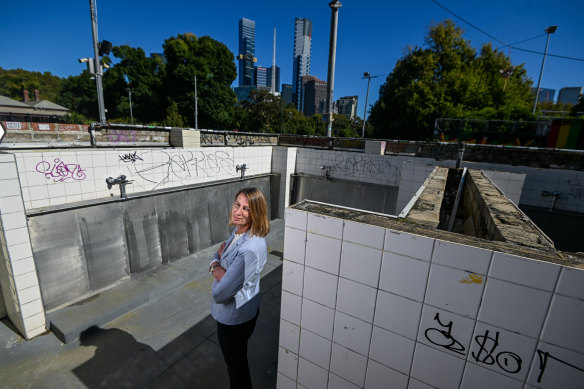 A loo with a view? National Continence Helpline Manager Janie Thompson inspects the gents’ at the Riverside Skate Park in Alexandra Gardens.