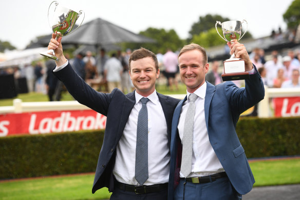 Trainers Ben Hayes and JD Hayes last month celebrated a Blue Diamond victory.