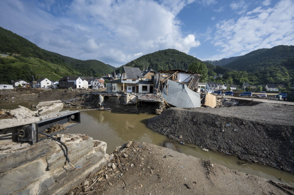 Destroyed houses, roads and a bridge at Rech in Germany’s Ahr Valley.