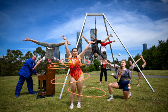 Circus Oz performers at Birrarung Marr in 2021.