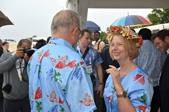 Prime Minister Anthony Albanese with former Australian leader Julia Gillard in Tuvalu on Tuesday.