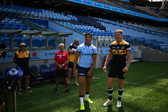 Joseph Aukuso Suaalii and Jordie Barrett during a NSW Waratahs media opportunity at Allianz Stadium.