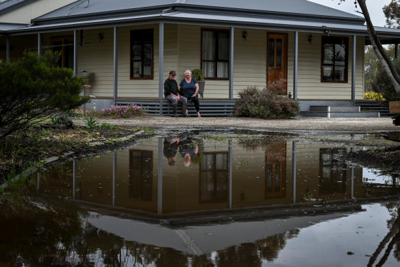 Clancy and Sally Watts watched the water approach as floodwaters approached their peak near Kerang in Victoria’s north in October 2022. 