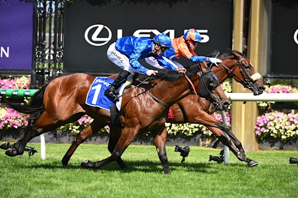 Grinzinger Heart, on the inside, wins the VRC Sires at Flemington.
