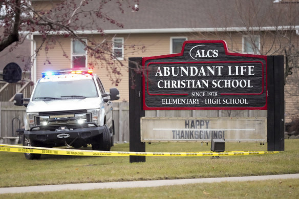 An emergency vehicle outside the Abundant Life Christian School in Madison, Wisconsin.