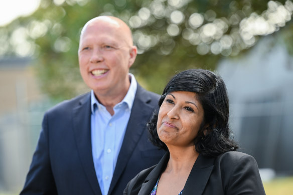 Opposition Leader Peter Dutton and Aston byelection candidate Roshena Campbell in Melbourne last month.